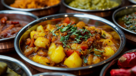 A vibrant bowl of spicy vegetable curry, garnished with fresh herbs. Perfect for showcasing culinary creativity and flavorful dining experiences.の素材
