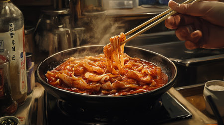 A delicious bowl of spicy noodles being served with chopsticks, steam rising, showcasing the vibrant colors and warmth of a home-cooked meal. Perfect for food enthusiasts.の素材