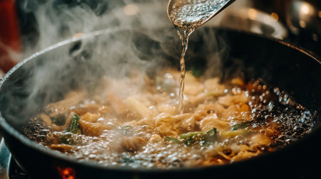 A close-up of a pot filled with boiling ingredients, producing a flavorful broth. Steam rises above as cooking unfolds, creating a warm kitchen environment.の素材