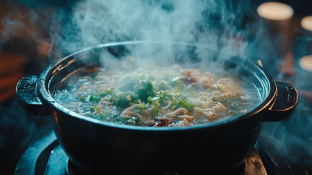 A steaming bowl of delicious soup, bubbling with fresh ingredients and vibrant greens, showcases the warmth and comfort of homemade cooking.の素材