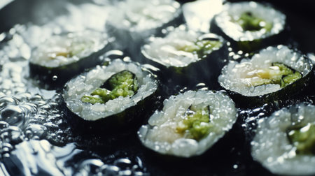 Close-up of fresh sushi rolls displayed on a dark plate, surrounded by glimmering water droplets. Perfect for showcasing culinary art and Japanese cuisine.の素材