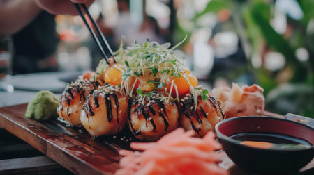 A beautifully plated sushi roll topped with fresh ingredients and garnishes, served with wasabi and dipping sauce, perfect for food lovers.の素材