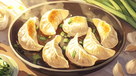 A vibrant skillet filled with delicious dumplings, garnished with green onion and garlic, exudes warmth and a savory aroma, perfect for any meal.の素材