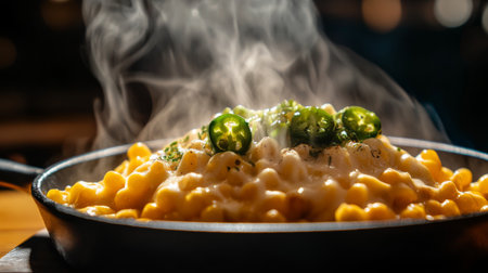 A rich and creamy macaroni dish topped with sliced jalapeの素材