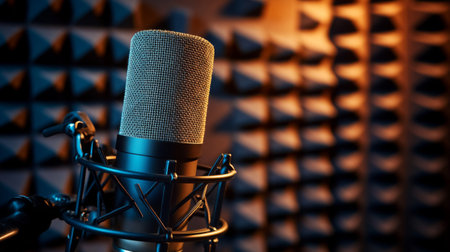 A close-up of a professional microphone set in a soundproof studio, ideal for capturing high-quality audio and enhancing musical performances.の素材