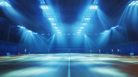 A vibrant indoor badminton court illuminated by dynamic lighting, showcasing players engaged in an exciting competition. Ideal for sports-related projects.の素材