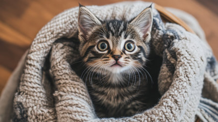 An adorable kitten peeks out from a cozy blanket, showcasing its large, curious eyes. This charming scene captures the innocence and playfulness of a young cat, perfect for animal lovers.の素材