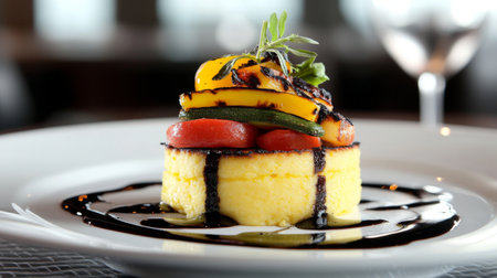 A beautifully presented dish featuring grilled vegetables atop creamy polenta, drizzled with balsamic glaze for an elegant and flavorful dining experience.の素材