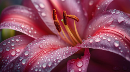 A captivating close-up of a pink lily showcasing delicate petals adorned with glistening water droplets. Perfect for floral and nature themes.の素材