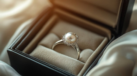 A stunning pearl ring presented in a luxurious velvet box, capturing elegance and beauty. Perfect for engagements, weddings, or special gifts.の素材