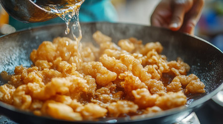 A close-up view of crispy fried food being prepared in a pan, showcasing the sizzling texture and golden color, perfect for culinary enthusiasts.の素材