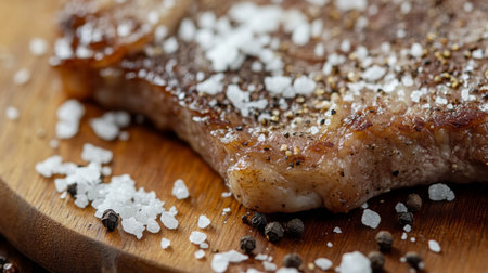 This close-up image showcases a perfectly grilled steak, seasoned with coarse sea salt and pepper, emphasizing its mouthwatering texture and flavor.の素材