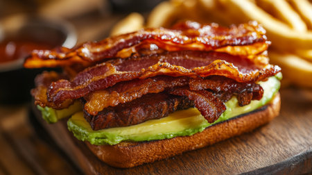 A mouthwatering bacon sandwich layered with crispy bacon, fresh avocado, and cheese on toasted bread, served with golden fries. Perfect for any meal.の素材