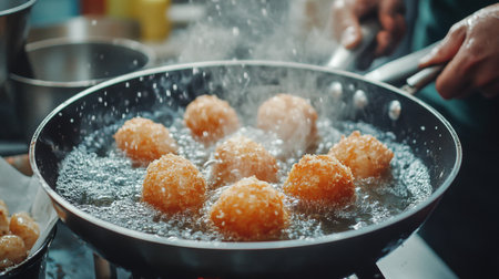 A close-up view of crispy golden bites frying in hot oil, showcasing the cooking process in a vibrant kitchen setting. Perfect for food enthusiasts.の素材