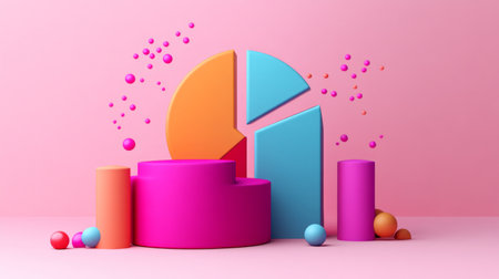 This vibrant illustration features a colorful pie chart and 3D shapes against a pink background, perfect for data analysis, marketing materials, or creative projects.の素材