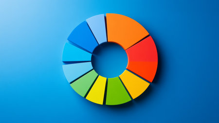 Vibrant pie chart in bright colors against a blue background. Ideal for presentations, marketing, or visual storytelling in business and data analysis.の素材