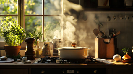 A warm and inviting kitchen scene featuring a steaming pot on a stove, surrounded by fresh herbs and sunlight filtering through the window. Perfect for culinary inspiration.の素材