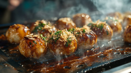 Indulge in the mouthwatering sight of freshly grilled takoyaki balls, garnished and steaming hot, showcasing vibrant flavors and textures. Perfect for food lovers.の素材
