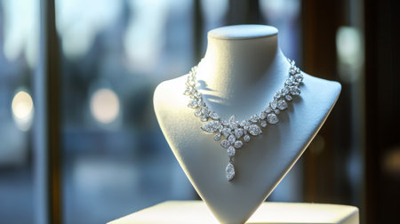 A stunning diamond necklace elegantly displayed on a mannequin, showcasing its intricate design and sparkle. Ideal for luxury fashion and jewelry-related projects.の素材