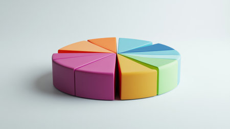 A vibrant pie chart made of colorful segments on a neutral background, perfect for illustrating data visualization concepts in reports or presentations.の素材