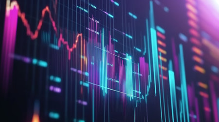 A vibrant and colorful digital visualization of financial data with charts and metrics. Perfect for finance, technology, or data analysis themes.の素材