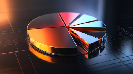 A modern 3D pie chart with a sleek metallic finish, perfect for business presentations and financial analysis. Ideal for showcasing data insights and statistics.の素材