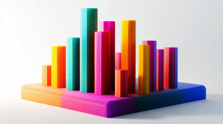 Vibrant 3D geometric chart featuring colorful cylinders arranged on a square base, ideal for representing data trends and statistical analysis in modern design.の素材