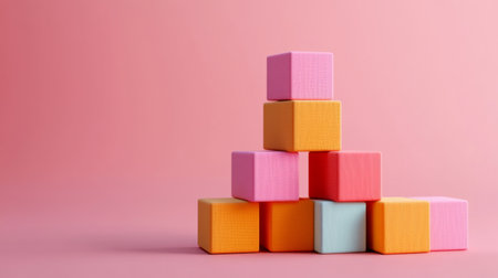 This vibrant image features colorful building blocks stacked on a soft pink background, ideal for themes of childhood, learning, and creativity in design.の素材