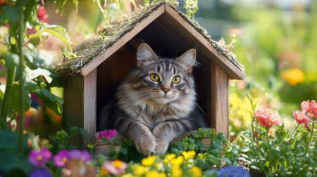 A charming cat lounging in a flower-filled garden house, surrounded by vibrant blooms and greenery. This serene scene captures the essence of relaxation and natural beauty.の素材