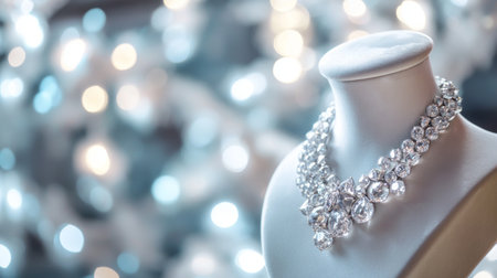 A stunning silver necklace showcases intricate designs and sparkling gems, elegantly displayed against a soft-lit background for a luxurious feel.の素材