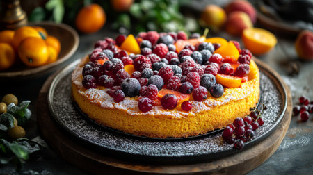 A vibrant fruit cake topped with fresh berries and peaches, dusted with powdered sugar, perfect for celebrations, parties, or dessert tables.の素材