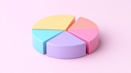 A vibrant pie chart featuring soft pastel colors set against a pink background, perfect for illustrating data in creative presentations or marketing materials.の素材