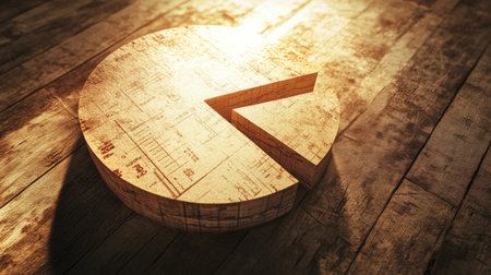 A wooden pie chart sits on a rustic wooden surface, capturing the interplay of light and shadow. Ideal for concepts of analysis and growth.の素材