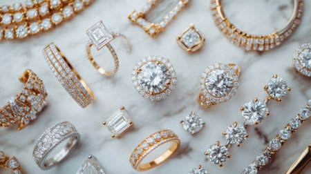 Discover an elegant collection of sparkling jewelry featuring exquisite rings, bracelets, and necklaces, perfect for any occasion or celebration.の素材