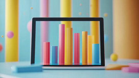 A vibrant and playful 3D data visualization displayed on a laptop screen, featuring colorful bars against a modern, pastel background to represent data analysis.の素材