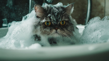 A fluffy cat sits in a bathtub filled with bubbles, showcasing an adorable yet amusing expression. The playful moment captures the essence of pet grooming and relaxation.の素材