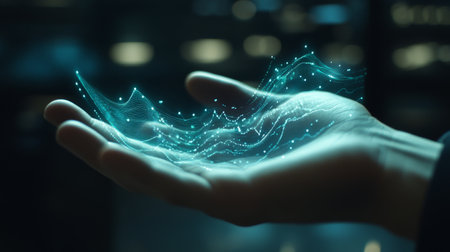 A hand gracefully holds a glowing light wave visualization, representing the fusion of technology and creativity. The digital effect exudes innovation and energy.の素材