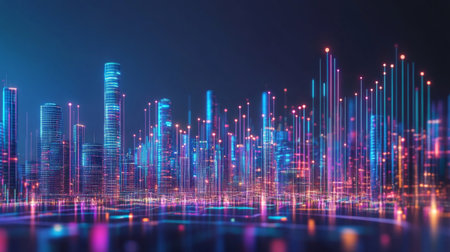 An enchanting city skyline at night, illuminated with vibrant neon lights and digital data motifs, creating a captivating visual experience of modern urban life.の素材