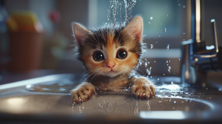 A delightful close-up of a cute kitten splashing in water, showcasing its big eyes and playful nature. Perfect for animal lovers and pet-themed content.の素材