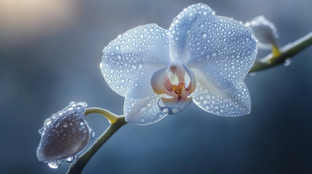 Stunning close-up of a white orchid adorned with glistening dew drops, highlighting its delicate beauty and the elegance of nature in a serene setting.の素材