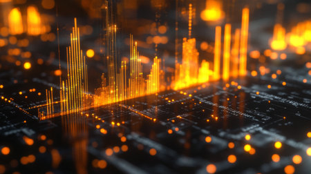 Dynamic orange data visualization on a dark background showcasing technology and innovation. Perfect for representing analysis and abstract concepts in digital design.の素材