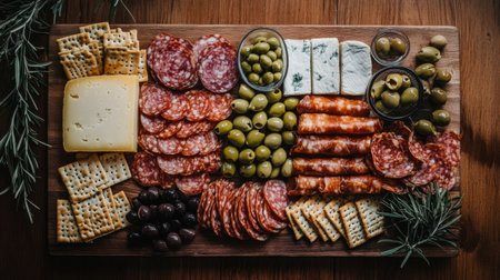 A beautifully arranged charcuterie board featuring a selection of meats, cheeses, olives, and crackers. Perfect for gatherings and entertaining.の素材
