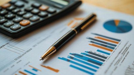 A close-up view of financial analysis tools including a calculator, pen, and charts, showcasing data and statistics for effective business planning.の素材