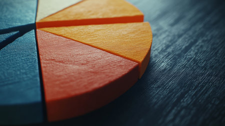 Close-up of colorful pie chart segments resting on a wooden surface. This image illustrates data representation and visual analysis concepts for various applications.の素材