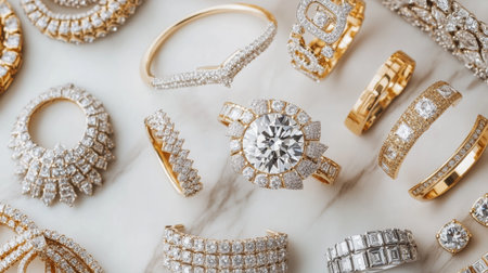 This stunning collection features a variety of gold and diamond jewelry pieces, showcasing elegance and luxury with intricate designs and sparkling details. Perfect for fashion enthusiasts.の素材