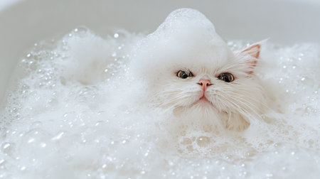 A fluffy white cat peeks through a layer of bubbles in a bathtub, showcasing a humorous and cozy scene. This playful moment captures the joy of pet grooming.の素材