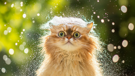 A playful cat captured in a moment of curiosity, surrounded by sparkling water droplets. The vibrant background highlights the cat's fluffy fur and expressive eyes, embodying joy and innocence.の素材