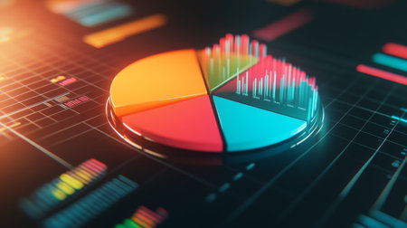 A vibrant and modern pie chart surrounded by data visualization elements, showcasing analytics and statistics in a digital format. Perfect for business and marketing presentations.の素材