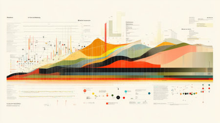 This colorful data visualization showcases complex information through abstract shapes and vibrant colors, perfect for modern presentations and reports.の素材