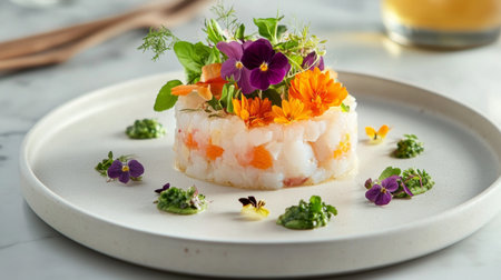 This vibrant gourmet salad features fresh ingredients, colorful edible flowers, and herbs, beautifully arranged on a plate. Perfect for upscale dining and culinary presentations.の素材